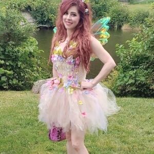 Fairy costume dress tutu tulle flowers rhinestones, xs/s handmade